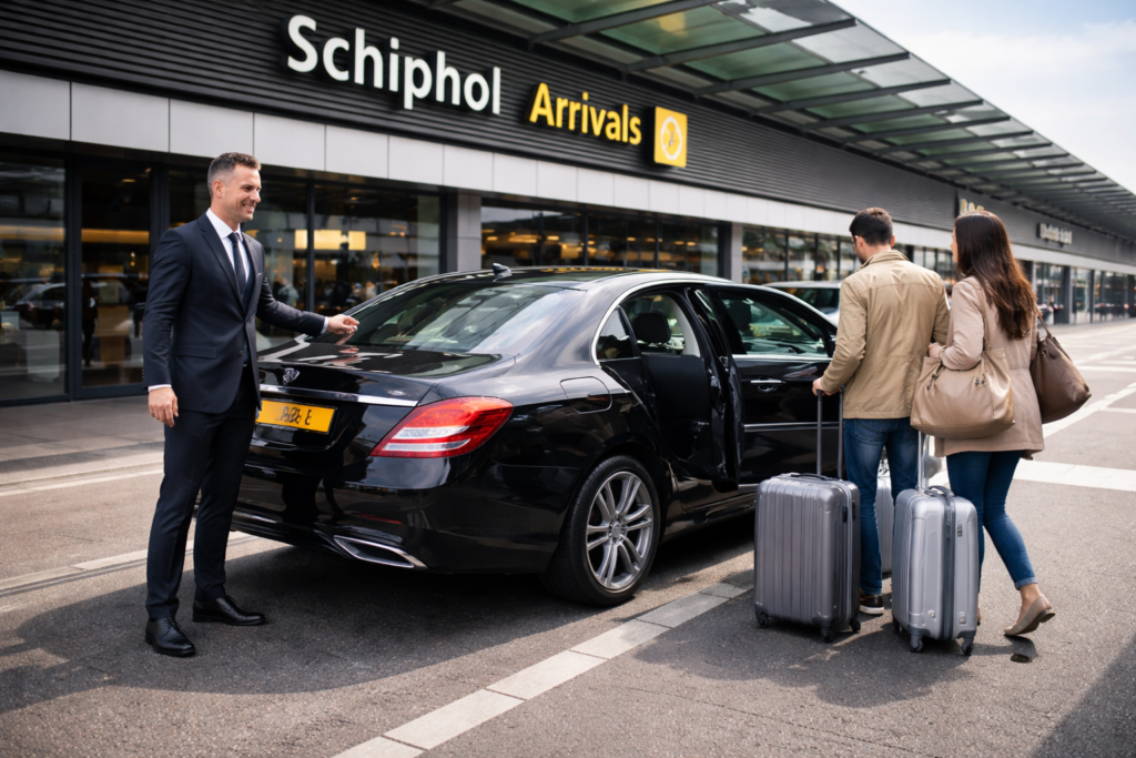 Schiphol Airport transport options including taxi, train and private transfer services at arrivals