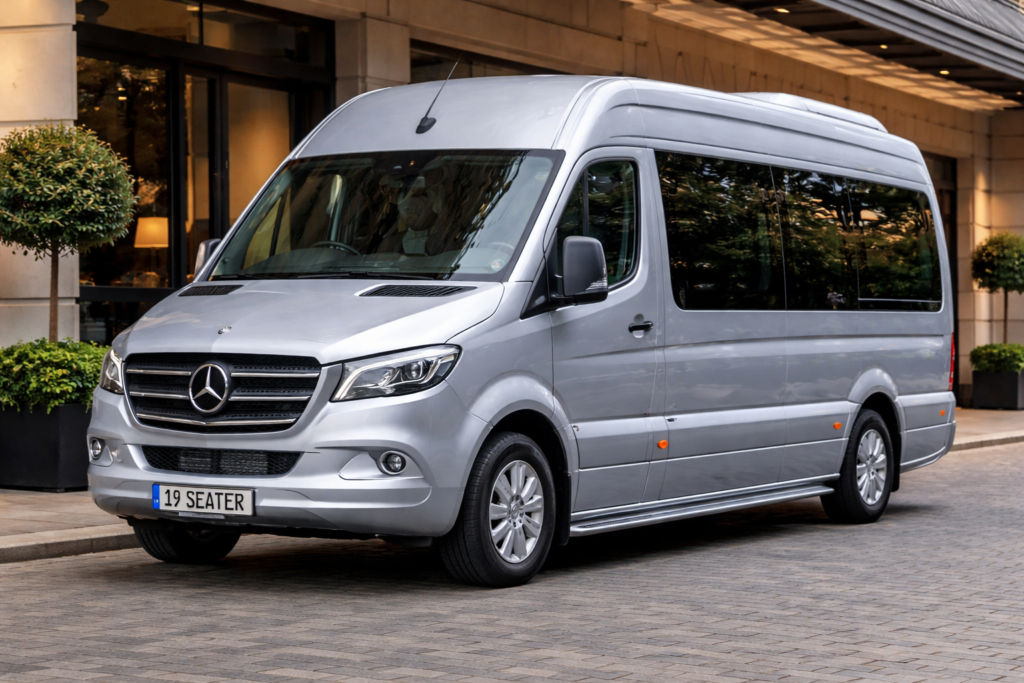 Luxury Amsterdam to Brussels transfer vehicle parked outside a hotel for private pickup